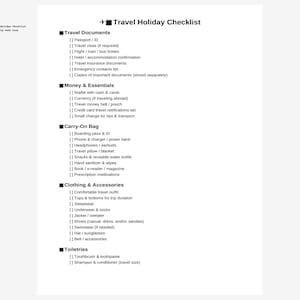 Printable Travel Holiday Checklist - Vacation Packing Planner - A4 PDF Instant Download