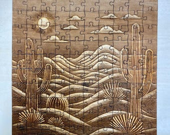 Cactus Desert Wooden Puzzle, Puzzle Engraved on Wood, 100/64/36 PCS