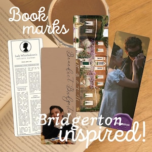 Puede incluir: Tres marcapáginas rectangulares con diseños inspirados en Bridgerton. Uno es un papel blanco con texto negro titulado Lady Whistledown's Society Papers, otro es un marcapáginas color canela con el retrato de un hombre y otro muestra a una pareja.