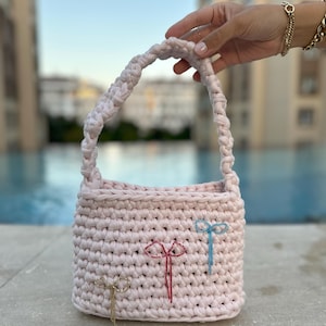 Shoulder Bag, Bow Design Bag, Summer Bag, Handmade Bag, Pink Bag, Small Bag, Birthday Gift for Womens, Tshirt Yarn Bag
