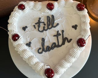 Til Death Heart Cake Box – Faux Display Cake with Cherries – Handmade Plaster Keepsake for Wedding or Valentine by Kitty Cakes and Co.