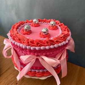 Disco Heart Cake Box, Faux Cake with Ribbons and Glitter, Pink and Lavender Keepsake by Kitty Cakes and Co.