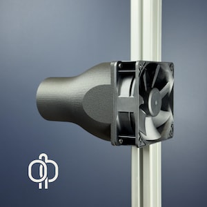 May include: A black computer fan with a curved, textured housing is mounted on a silver metal support. The fan has multiple blades and is designed for cooling. A white logo is in the lower left corner.