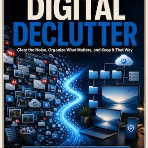 May include: A digital guide titled DIGITAL DECLUTTER: Clear the Noise, Organize What Matters, and Keep It That Way. The cover features a chaotic stream of notification icons flowing into a clean, organized workspace with a laptop and smartphone.