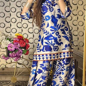 Royal Blue Floral Silk Co-Ord Set | Floral Print Sharara Suit for Women Indo-Western Dress Designer Jumpsuit Design Dress Woman
