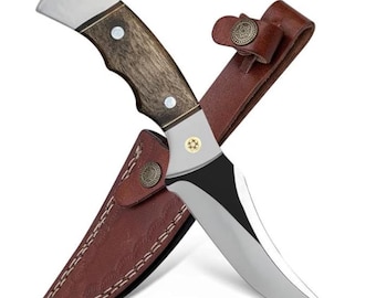 Fixed Blade Hunting Knife with Leather Sheath, 9-Inch Full Tang Skinning Knife for Hunting, Camping and Bushcraft Walnut Wood Handle Outdoor