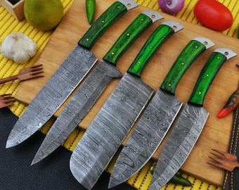 Juego de cuchillos de chef de acero de Damasco – 5 cuchillos de cocina, mango verde, juego de cuchillos de cocina hechos a mano, regalo para chef