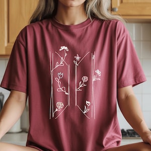 Floral Initial Monogram T-Shirt | Kpop Wildflower Line Art Top Crimson