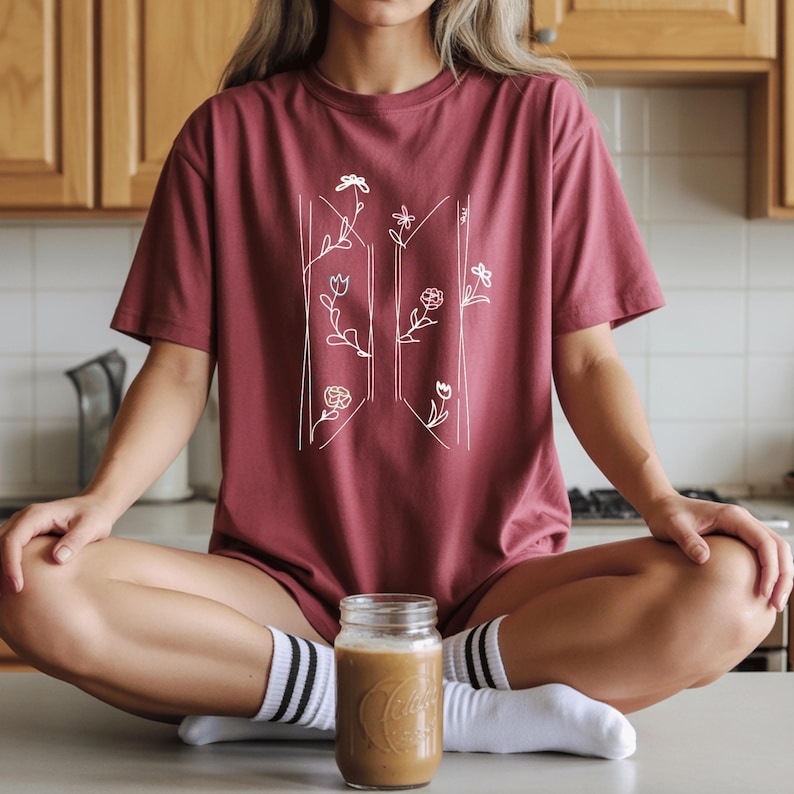 Floral Initial Monogram T-Shirt | Kpop Wildflower Line Art Top Crimson