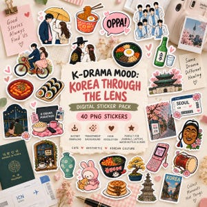 Peut inclure: Un ensemble de 40 autocollants numériques illustrant des thèmes coréens comme le ramen, le bibimbap, l'architecture traditionnelle, un passeport, un téléphone à clapet et des couples. Le texte central indique K-DRAMA MOOD: KOREA THROUGH THE LENS.