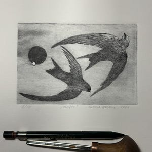 Peut inclure: Une gravure en noir et blanc intitulée "Swifts" par Solomiia Gorobiuk, 2026, représentant deux oiseaux en vol. Un crayon noir et un outil de gravure à manche en bois sont en dessous.