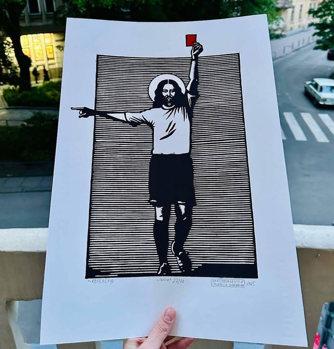Linocut Jesus Referee / Linocut / Jesus / Original Print / Religious Satire / Modern ...
