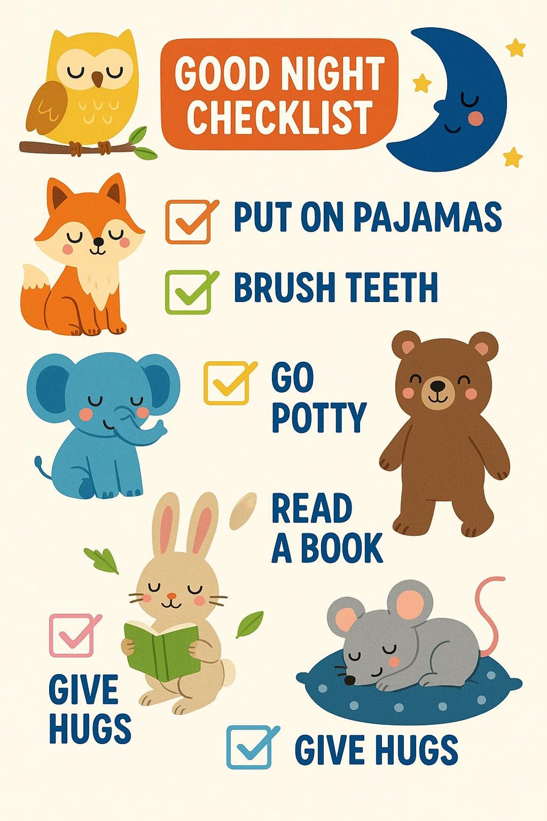 Good Night Checklist for Kids | Bedtime Routine Chart | Printable ...