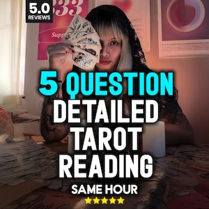 May include: A person holding tarot cards, with the text "5 QUESTION DETAILED TAROT READING SAME HOUR". The image includes a 5.0 review rating. The person is wearing a black hooded garment.
