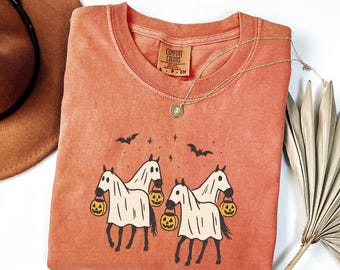 Comfort Colors® Halloween Horse Shirt, Cute Ghost Horse Tshirt, Spooky Horse Sweatshirt, Horse Lover Gift, Western Halloween Cowgirl Tee