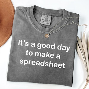 May include: Gray Comfort Colors t-shirt with the text "it's a good day to make a spreadsheet" in white. A gold necklace with a pendant rests on the shirt. A brown hat is partially visible.