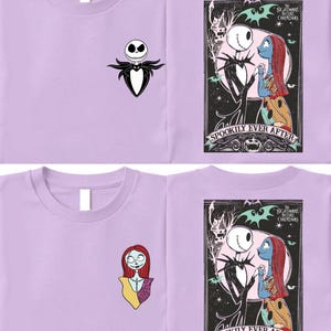 May include: Lilac t-shirts featuring graphics from "The Nightmare Before Christmas." One shirt has Jack Skellington's face on the front. The other shirts have Jack and Sally with the text "Spookily Ever After."