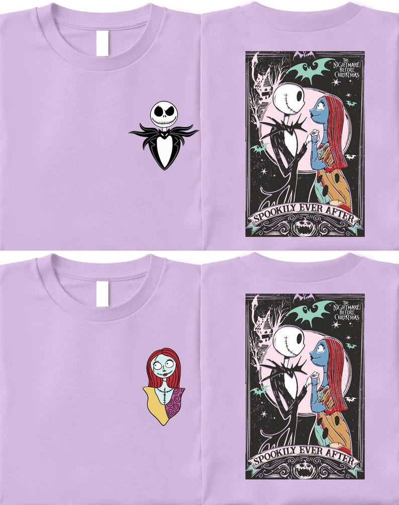 May include: Lilac t-shirts featuring graphics from "The Nightmare Before Christmas." One shirt has Jack Skellington's face on the front. The other shirts have Jack and Sally with the text "Spookily Ever After."