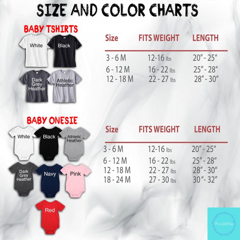 Op de afbeelding: Maat- en kleurentabellen voor baby-T-shirts en rompers. De T-shirts zijn verkrijgbaar in wit, zwart, donkergrijs heather en athletic heather. Rompers zijn verkrijgbaar in wit, zwart, athletic heather, donkergrijs heather, marine, roze en rood.