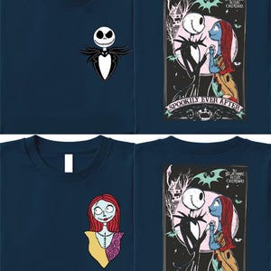 May include: Navy blue t-shirts featuring characters from "The Nightmare Before Christmas." One shirt has Jack Skellington on the front. Another has Sally on the front. The other two shirts have Jack and Sally with the text "Spookily Ever After."