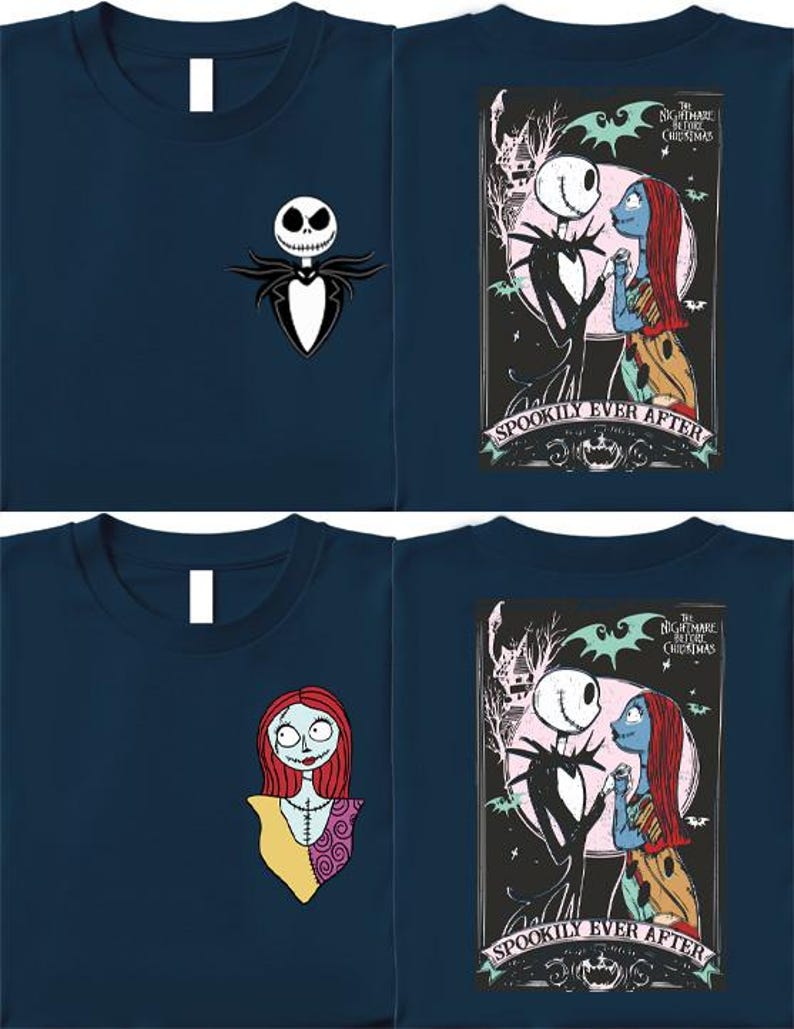 May include: Navy blue t-shirts featuring characters from "The Nightmare Before Christmas." One shirt has Jack Skellington on the front. Another has Sally on the front. The other two shirts have Jack and Sally with the text "Spookily Ever After."