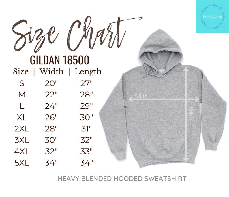 Op de afbeelding: Een lichtgrijs, zwaar gemengd sweatshirt met capuchon en een maattabel. De maattabel toont de breedte- en lengtematen in centimeters voor de maten S t/m 5XL. De sweatshirt heeft een capuchon en is gelabeld GILDAN 18500.