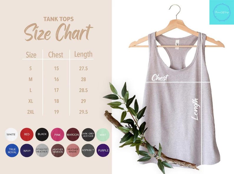 Op de afbeelding: Een lichtgrijs tanktop op een houten hanger, met een maattabel met borst- en lengtematen in centimeters. De tabel bevat maten S tot 2XL en een kleurenpalet van beschikbare tanktopkleuren.