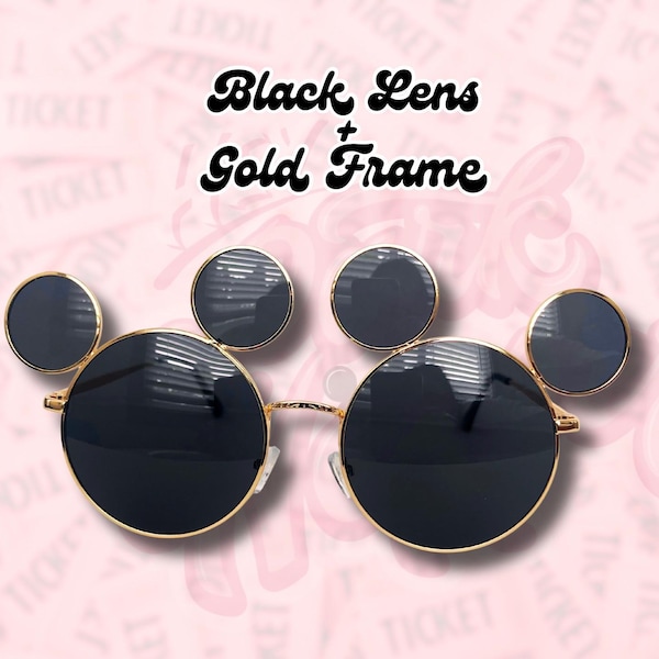 Mickey Mouse Sunglasses: Gold Frame, Black Lens, Oversized, UV400