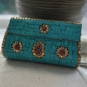 Sea Blue Metal Mosaic Clutch Bag: Handcrafted Wearable Art