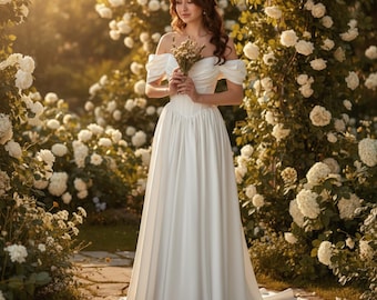 Corset Wedding Dress, Basque Waist, Off-Shoulder Draped Sleeves