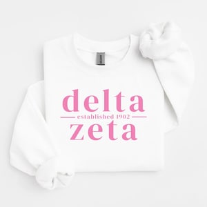 Puede incluir: Una sudadera blanca con las palabras "delta" y "zeta" en rosa, con "established 1902" en rosa entre las palabras. La sudadera tiene mangas largas y cuello redondo.