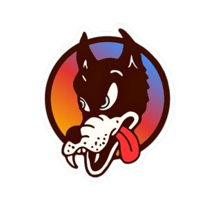 May include: A sticker featuring a cartoon wolf with a black head and a red tongue sticking out. The wolf is set against a circular background with a gradient of orange, red, and blue.