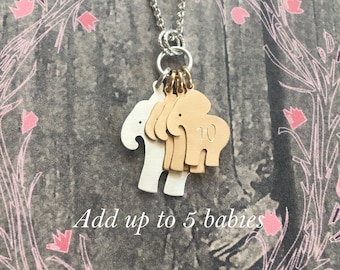 Elephant Mama Necklace, Add more charms, Personalize, Choose Silver or Gold or Both