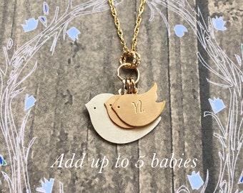 Mama Bird Necklace, Add more charms, Personalize, Choose Silver or Gold or Both