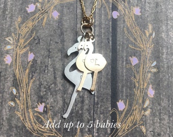 Flamingo Mama Necklace, Add more charms, Personalize, Choose Silver or Gold or Both