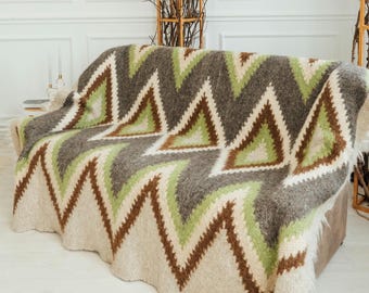 Copriletto geometrico in lana fatto a mano, coperta boho, tappeto in lana di pecora naturale intrecciata