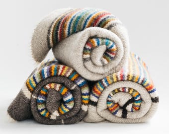 King Size Therapeutic Handwoven Wool Striped Blanket Throw |  Weighted Milky / Dark Gray Сolorful Bedspread