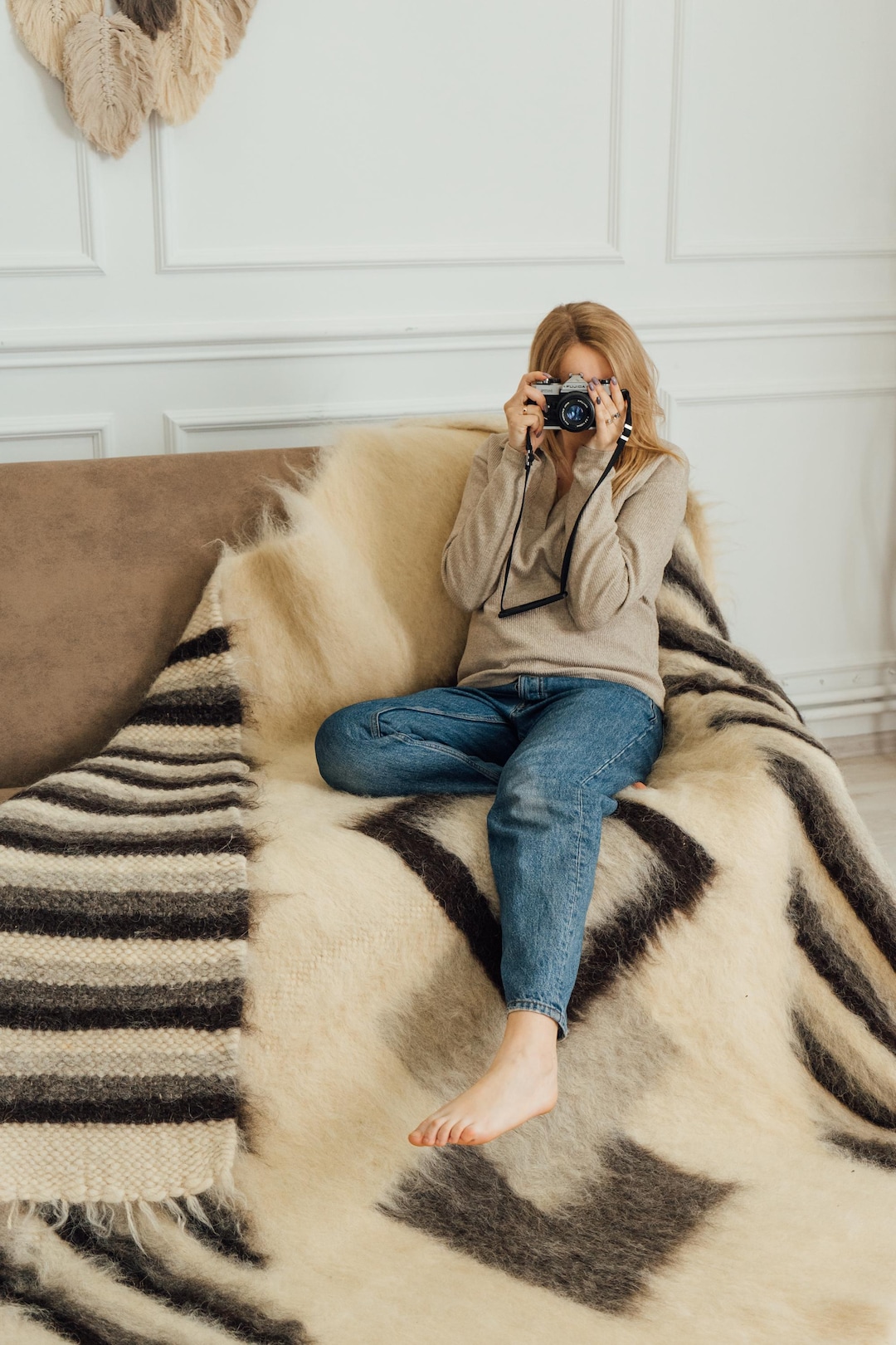 Handwoven Wool Blanket With Diamonds | Boho Style Therapeutic Throw | Black and White Plaid Rug - Etsy Australia