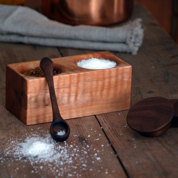 Wood Salt Cellar  and Spoon - Salt Box - Spice Holder - Lidded Salt Cellar