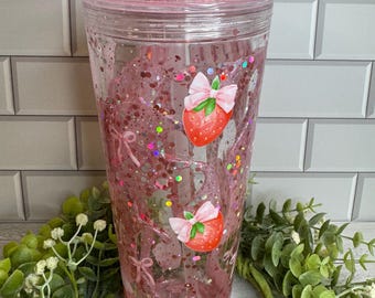 Strawberries and Pink Bows Lava SnowGlobe Cup 24oz with Straw Topper