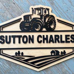 Personalized Farm Nursery Sign: Tractor Theme, Maple Wood