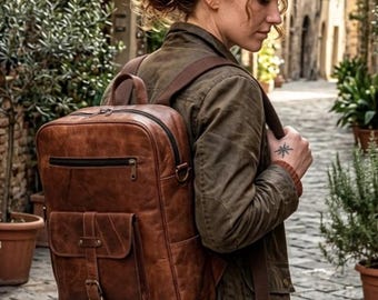Vintage Leather Backpack for Men Women – Personalized Name Engraved Bag, Handmade Full Grain Leather Laptop Backpack, Travel Work Rucksack