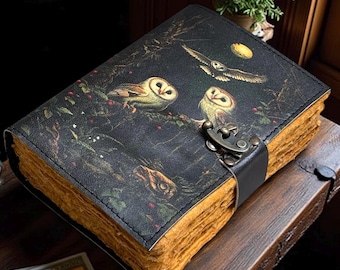 Handmade Owl Leather Journal, Vintage Lock, Grimoire Spell Book