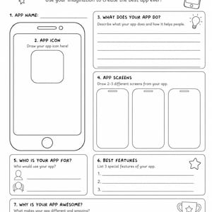 May include: A black and white printable worksheet titled DESIGN YOUR OWN APP! featuring sections for app name, icon, description, screens, target audience, features, and why it is awesome, decorated with line art icons of a phone, lightbulb, and trophy.