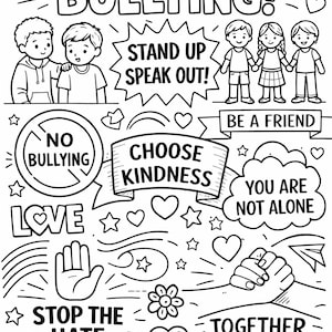 Puede incluir: Ilustración en blanco y negro con las palabras "STOP BULLYING!" y otras frases como "STAND UP SPEAK OUT!" y "CHOOSE KINDNESS". La imagen incluye dibujos de personas, corazones, estrellas y una mano.
