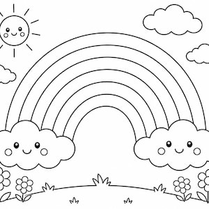 以下が含まれることがあります： 笑顔の雲、太陽、花、草が描かれた、白黒の線画の虹。虹には6つのアーチがあります。太陽と雲は笑顔です。花と草は画像の下部にあります。