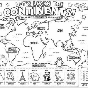 Peut inclure: Une page de coloriage éducative en noir et blanc intitulée LET'S LEARN THE CONTINENTS! présentant une carte du monde, une liste des sept continents, des faits amusants et une section à colorier avec des animaux et des monuments.