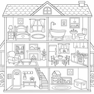 Può includere: Un'illustrazione in bianco e nero a linee di una casa delle bambole a tre piani. L'interno presenta sei stanze, tra cui camera da letto, bagno, soggiorno, cucina, ingresso e stanza dei giochi, arredate con contorni dettagliati di oggetti.