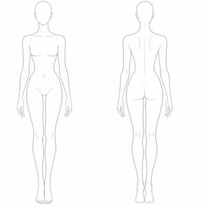 Op de afbeelding: Lijntekening van een vrouwelijk figuur, voor- en achteraanzicht. Het figuur is getekend in een minimalistische stijl, met vloeiende lijnen die de contouren van het lichaam definiëren. Geschikt voor modeontwerp of figuurtekenen.