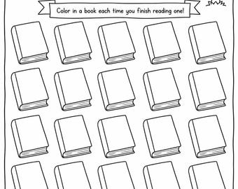 May include: Black and white summer reading chart with the text "BOOKS READ This Summer!" and "Color in a book each time you finish reading one!" Includes 18 blank book outlines, a sun, palm tree, and starfish.